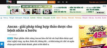 Zing.vn có bài viết : "Ancan - giải pháp tổng hợp thảo dược cho bệnh nhân u bướu"